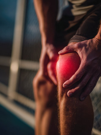 A man grimacing in distress, clutching his inflamed knee, outdoors beside a metal barrier, capturing a moment of post-exercise soreness or strain.の写真素材
