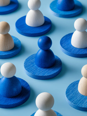 An artistic arrangement of navy and cream wooden tokens on a pastel blue background, evoking themes of unity, strategic thinking, and collective success in a creativeの写真素材