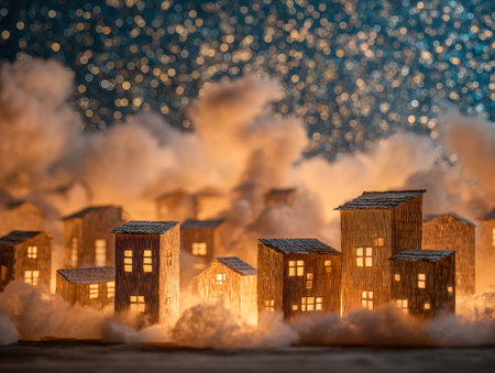 Quaint miniature cottages with cozy lights peek through misty night, their glow blending with shimmering bokeh to evoke a dreaming, enchanted village ambiance.の写真素材