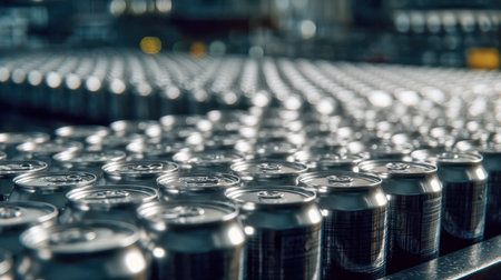 Precision-engineered metal containers glide along a streamlined assembly line, highlighting cutting-edge automation and efficient packaging in a contemporary factoryの写真素材