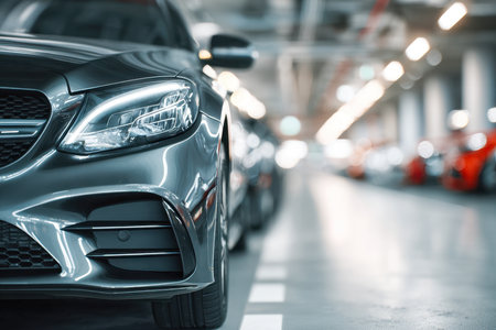 A sophisticated display of high-end vehicles within a contemporary indoor structure, with a gleaming front grille capturing attention amid ambient lighting.の写真素材