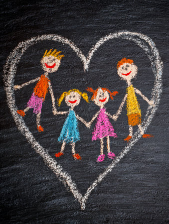 Vibrant chalk art depicting a joyful family united within a heart shape, celebrating bond, warmth, and unity on a dark classroom blackboard.の写真素材