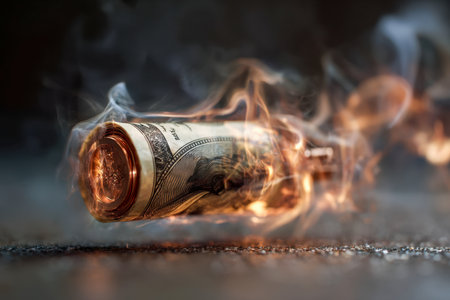A bundle of banknotes curls into flames, billowing dark smoke over a gritty surface, capturing themes of ruin, volatility, and the fragile state of the economy.の写真素材