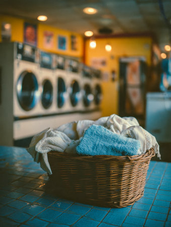 A woven basket brimming with freshly laundered towels rests amidst nostalgic machines, set against a inviting yellow-toned interior evoking comfort and retro charm.の写真素材
