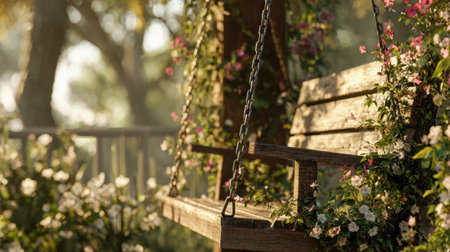 A cozy swing hangs gently amidst vibrant blossoms and lush greenery, illuminated by soft, golden sunlight, creating a peaceful garden retreat.の写真素材