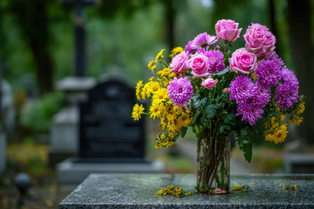 A colorful arrangement of roses and seasonal blooms rests gently on a weathered stone marker, embodying remembrance amid a serene, softly blurred memorial landscape.の写真素材