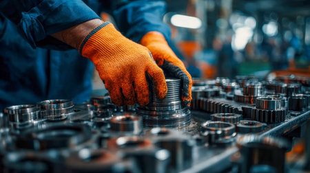 A skilled technician wearing safety gloves carefully examines and fits metallic components using precise tools amid an organized factory setting, ensuring optimal quの写真素材