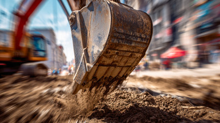 An urban street transforms as heavy machinery shapes the landscape, with an excavator relaying a dynamic scene of infrastructure renewal amidst city life.の写真素材