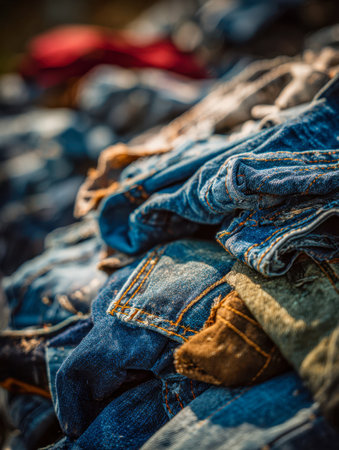 Sunlit outdoor scene showing a collection of distressed denim and tough casual trousers, their textured fabrics evoking rustic charm and vintage appeal.の写真素材