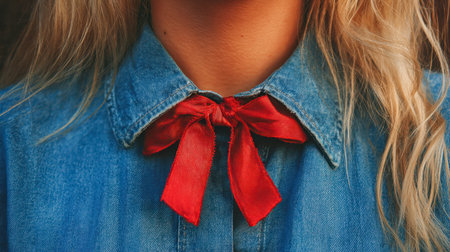 A chic woman dons a relaxed denim shirt accented by a lively red bow at the collar, blending effortless casual style with eye-catching charm.の写真素材