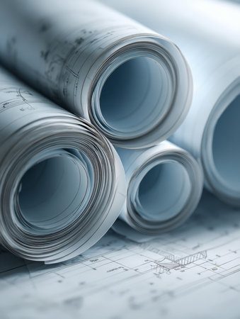 A neat arrangement of rolled blueprints atop precise technical drawings highlights meticulous planning and professional craftsmanship in an engineering office.の写真素材