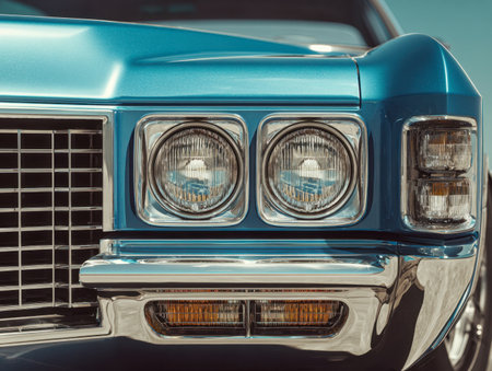 A close-up of an old-fashioned blue car?s front, featuring twin circular lamps and a shiny chrome grille that gleams under bright sunlight on a cloudless day.の写真素材