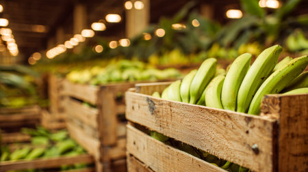 Vibrant green plantains are carefully stacked in vintage wooden boxes within a bright, spacious warehouse, awaiting shipment to local markets and vendors.の写真素材