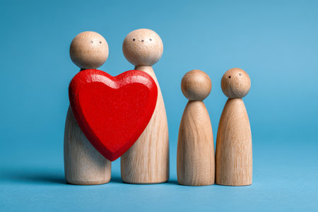 A handcrafted wooden family ensemble embraces a vivid red heart, illustrating emotional bonds and shared warmth against a calming blue backdrop.の写真素材