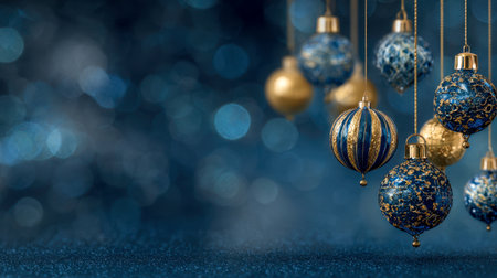 Vibrant blue and gold holiday baubles gleam softly, suspended against a shimmering, blurred blue backdrop, creating a luxurious and joyful festive atmosphere.の写真素材