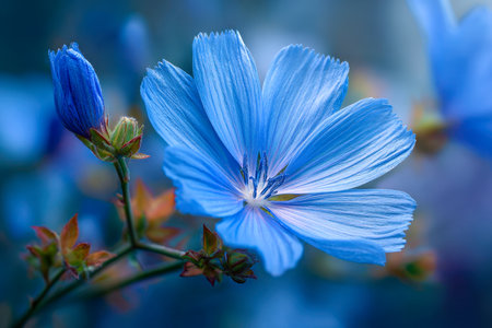 A fragile azure bloom with detailed petals stands amidst budding florets, set against a gentle, blurred garden backdrop that evokes calm and natural beauty.の写真素材
