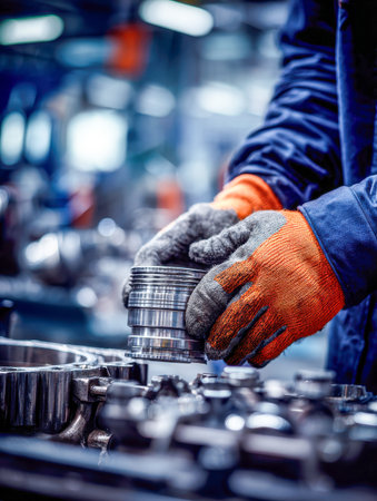 A focused technician in safety gloves carefully arranges intricate metal parts amid a luminous manufacturing setting, with precision instruments within reach.の写真素材
