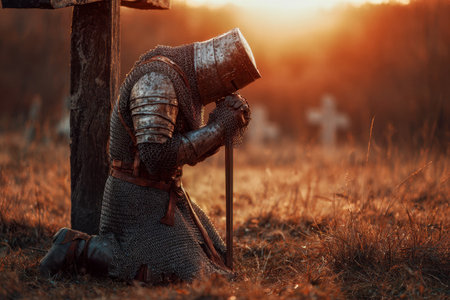 At dusk, a resolute armored warrior bowes in humility beside a rustic wooden cross, bathed in warm, golden hues amid a tranquil resting place with softly blurred memの写真素材