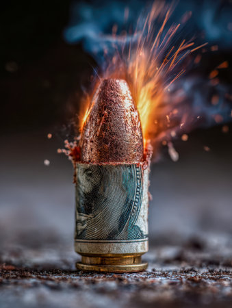 A fiery projectile adorned with cash-like textures bursts into a shower of vibrant sparks, embodying the fierce energy and volatile nature of economic dominance.の写真素材