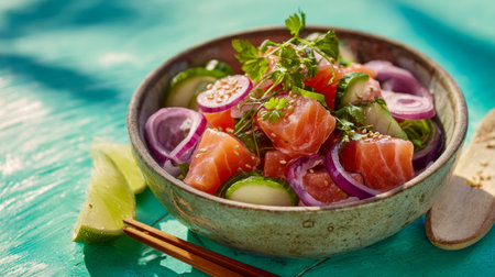 Vibrant salmon cubes paired with crisp cucumber, red onion spirals, and sprinkled sesame seeds, all artistically arranged with fresh greens, a lime wedge, and wooden choの写真素材