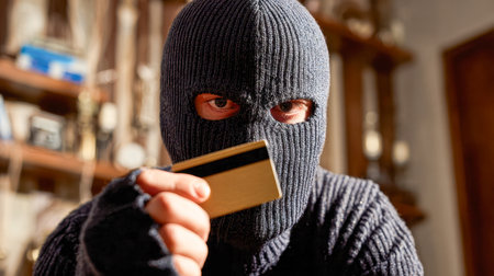 A shadowy figure in a dark room clutches a card, evoking themes of financial deception and the hidden threats of cybercrime.の写真素材