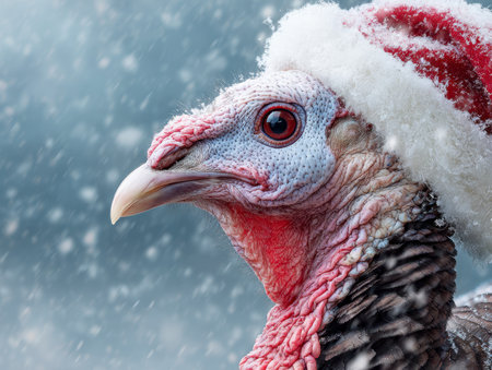 A proud turkey adorned with a cheerful red and white holiday hat stands amidst gentle snowfall, with a blurred winter sky creating a cozy scene.の写真素材