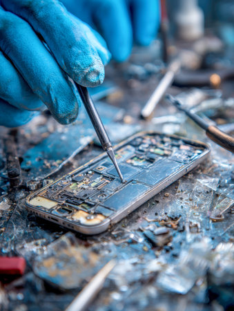 A focused technician, clad in blue gloves, meticulously maneuvers fine tools over a complex circuit inside a disorganized workspace scattered with tiny electronic paの写真素材