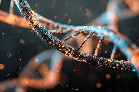 A intricate 3d model of DNA's double spiral is highlighted by luminous, multicolored particles, set against a dark, softly blurred backdrop for a striking scientificの写真素材