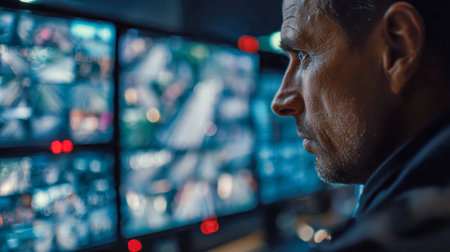 A vigilant security staff member concentrates on a bank of illuminated monitors, overseeing activity during nighttime shifts to maintain safety and detect risks.の写真素材