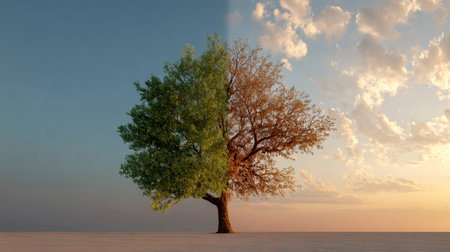 A lone tree showcases dual personalities?vibrant greenery on one side and desolate amber leaves on the other?standing against a striking sky that heralds transformatの写真素材