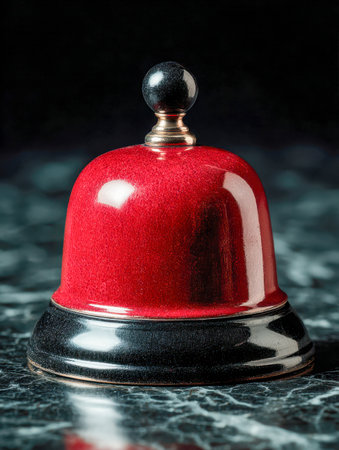 A nostalgic red and black mechanical bell rests atop a gleaming marble surface, poised to signal attentive service in an elegant hospitality environment.の写真素材