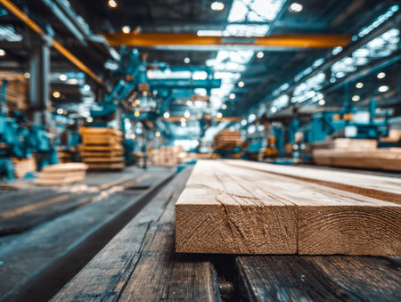 Bright, expansive workshop sleek machinery processing unrefined timber, highlighting efficient workflow and contemporary manufacturing in a well-organized sの写真素材