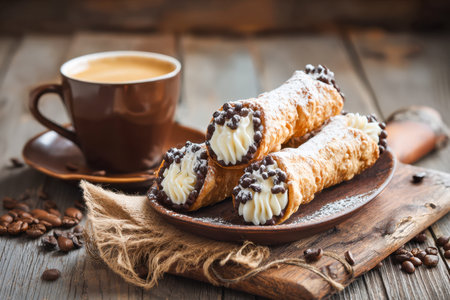 Cozy rustic table scene featuring crispy cannoli topped with sugar and chocolate morsels, paired with a steaming cup of dark coffee in warm, inviting tones.の写真素材