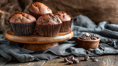 Warm, golden muffins studded with chocolate chips sit invitingly on a rustic wooden display, complemented by scattered chocolate fragments against a dark backdrop.の写真素材