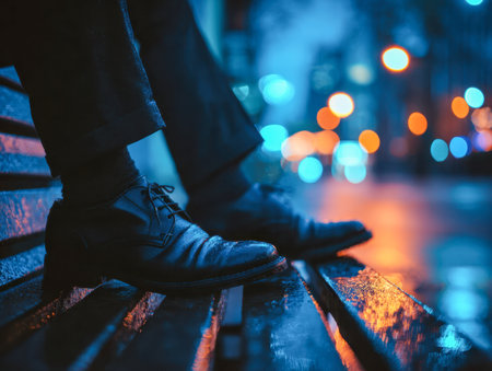 A person relaxes on a city bench under nighttime illumination, their sleek leather footwear complemented by shimmering reflections and a lively, colorful backdrop.の写真素材