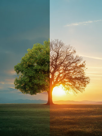 A solitary tree displays duality, with vibrant foliage bathed in morning light on one side and stark, leafless limbs under evening hues, capturing seasonal change anの写真素材