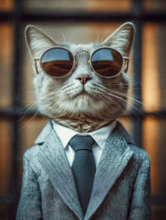 A poised gray feline dressed in tailored attire, complete with a sleek dark tie and fashionable round shades, exudes confidence against an out-of-focus cityscape bacの写真素材