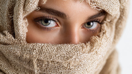 A captivating woman with piercing green eyes and radiant skin, draped in a textured beige shawl that hints at mystery. Her natural makeup enhances her expressive gasの写真素材