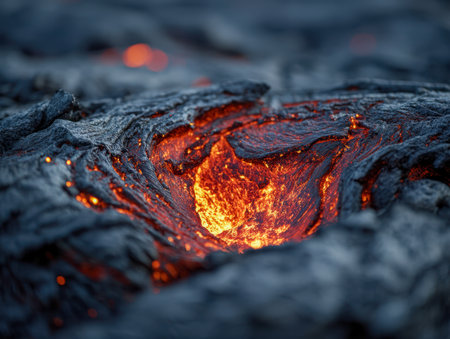 Fiery molten streams illuminate a rugged, cooled black landscape, revealing Earth's relentless force and breathtaking natural transformation in vivid, striking contrastの写真素材