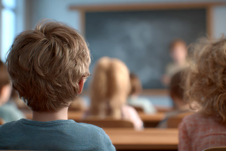 Kids intently focus on their instructor amid a vibrant classroom, engaging in educational tasks that foster curiosity and early learning skills.の写真素材