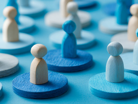 Colorful wooden figures arranged on layered blue disks symbolize unity, inclusion, and community harmony in a vibrant, artistic display.の写真素材