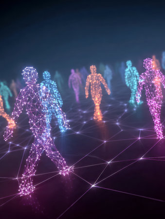 Luminous human silhouettes formed by radiant nodes and connecting threads evoke a sense of advanced digital links and collective virtual engagement in a sleek, futurの写真素材