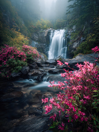 A tranquil mountain scene featuring a gentle waterfall flowing over uneven stones, framed by bright pink flowers and abundant emerald foliage amidst morning mist.の写真素材