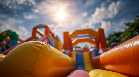 A lively outdoor scene featuring a rainbow-hued inflatable slide towering beneath a clear blue sky with gentle clouds, filling the air with joy and excitement for kiの写真素材