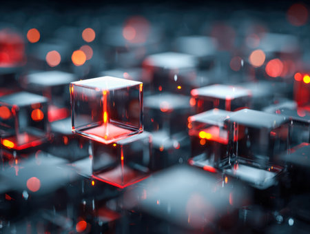 A captivating digital landscape featuring luminous, see-through geometric shapes illuminated by fiery red and orange accents, evoking a sleek, sci-fi tech vibe.の写真素材