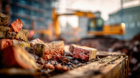 Crumbled red bricks and scattered rubble mark progress on an urban development project, with out-of-focus machinery hinting at ongoing construction behind.の写真素材