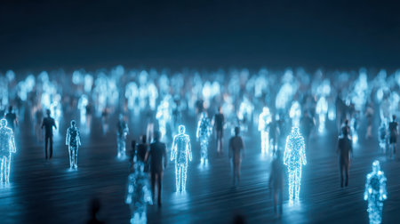 A vibrant digital scene depicts numerous semi-transparent, luminous human silhouettes interconnected through shimmering holograms, symbolizing futuristic social engaの写真素材