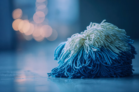A gentle scene of a pastel-toned mop lying on a gleaming surface, illuminated by cozy, out-of-focus lights that evoke tranquility and a peaceful home environment.の写真素材