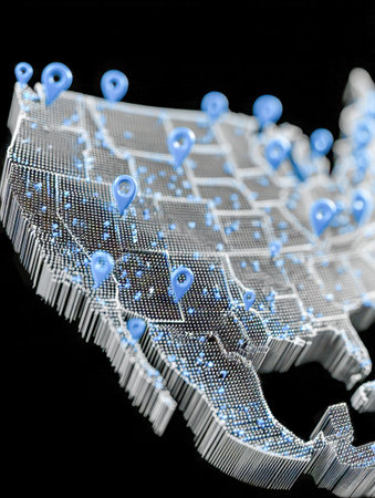 A vibrant 3d rendering of the us outline showing interconnected blue pins representing data nodes and digital links spreading across the nation.の写真素材