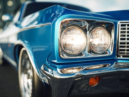 A vibrant blue classic car's front end gleams under bright sunlight, showcasing twin headlights and a mirror-like chrome bumper that captures surrounding street reflの写真素材